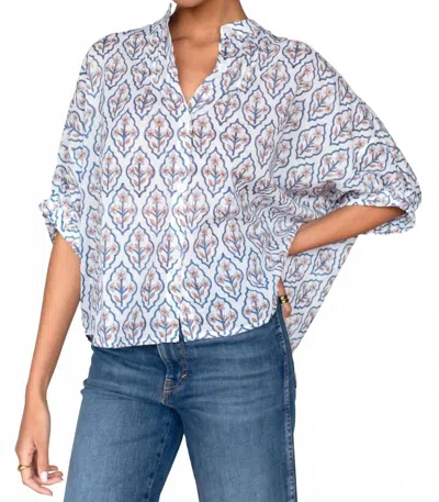 Emerson Fry Mandarin Collar Top In Blue Portrait Floral In Multi