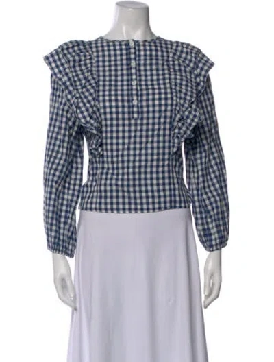 Pre-owned Emerson Fry Plaid Print Crew Neck Blouse In Blue