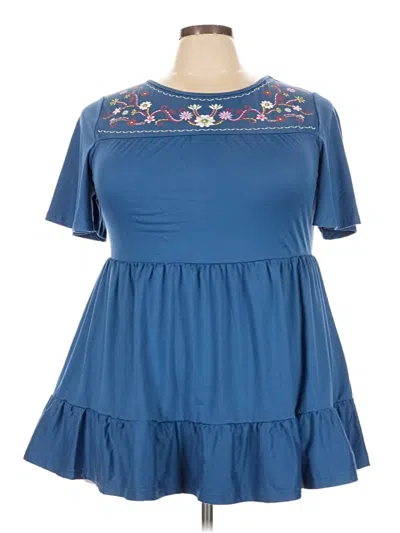 Pre-owned Emery Rose Short Sleeve Top Blue Ruffles Neckline Tops