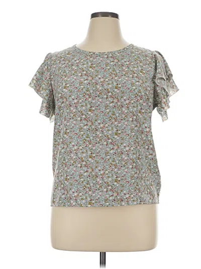 Pre-owned Emery Rose Short Sleeve Top Green Floral Pattern Ruffles Neckline Tops