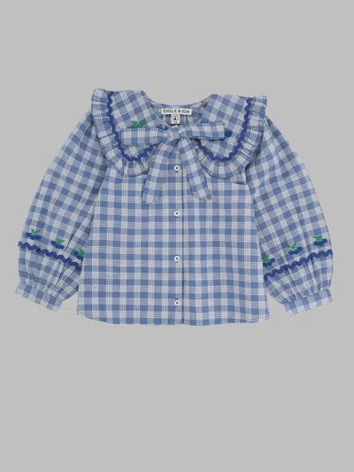 Emile And Ida Emile & Ida Girls Mini Grand Carreau Button-front Blouse In Blue