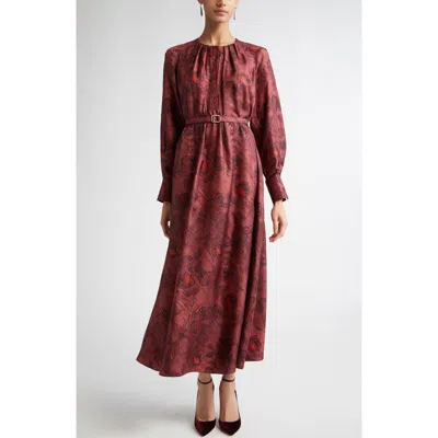 Emilia Wickstead Bahiti Rose Print Belted Long Sleeve Silk Dress In Red Roses On Marble