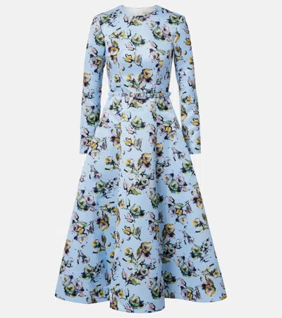 Emilia Wickstead Capucine Floral Long Sleeve Belted Genzianella Sateen Midi Dress In Blue