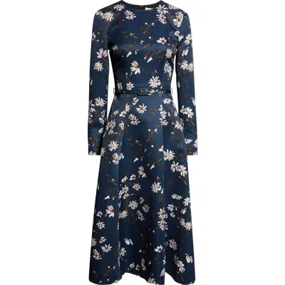 Emilia Wickstead Capucine Floral Print Long Sleeve Belted Satin Midi Dress In Blue