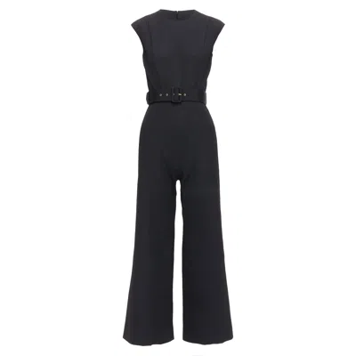 Emilia Wickstead Cloque Crew Neck Cropped Belted Jumpsuit In Black