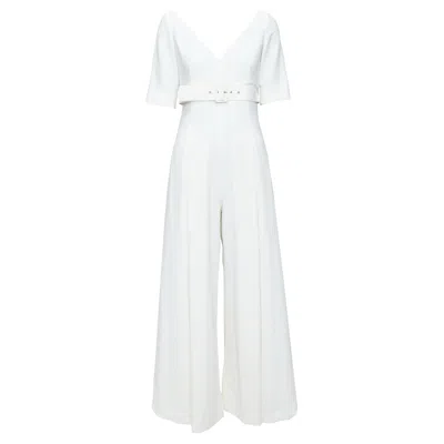 Pre-owned Emilia Wickstead Cream Cloque Wide Leg V Neck Belted Jumpsuit Uk8 S In White