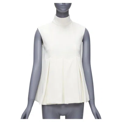Pre-owned Emilia Wickstead Cream Crepe Pleated Front Panel Hi Neck Peplum Top Uk6 Xs In White