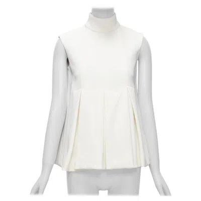 Pre-owned Emilia Wickstead Cream Crepe Pleated Front Panel Hi Neck Peplum Top Uk6 Xs In White