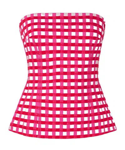 Emilia Wickstead Kerina Strapless Checked Denim Bustier Top In Pink