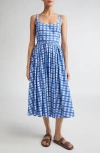 Emilia Wickstead Eglantine Belted Pleated Checked Cotton-poplin Midi Dress In Blue