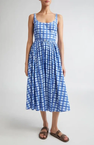 Emilia Wickstead Eglantine Belted Pleated Checked Cotton-poplin Midi Dress In Blue