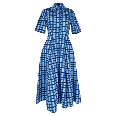 Pre-owned Emilia Wickstead Emilia Wickstea Rubie Checked Midi Shirt Dress In Blue Cotton