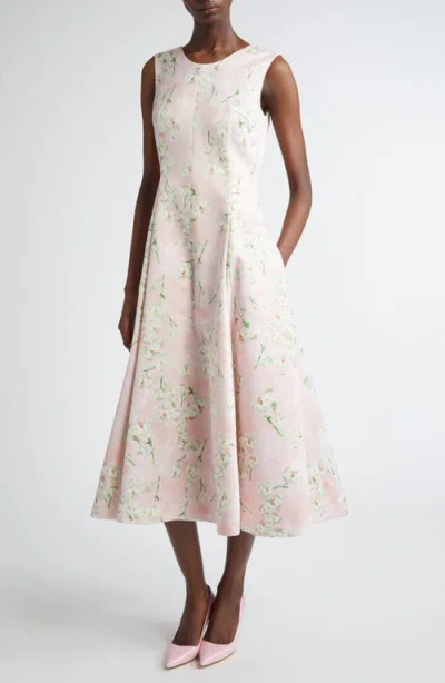 Emilia Wickstead Floral Satin A-line Midi Dress In Little Lillies On Pink