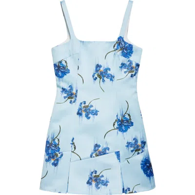 Emilia Wickstead Floral Satin Minidress In Blue Flowers On Duck Egg