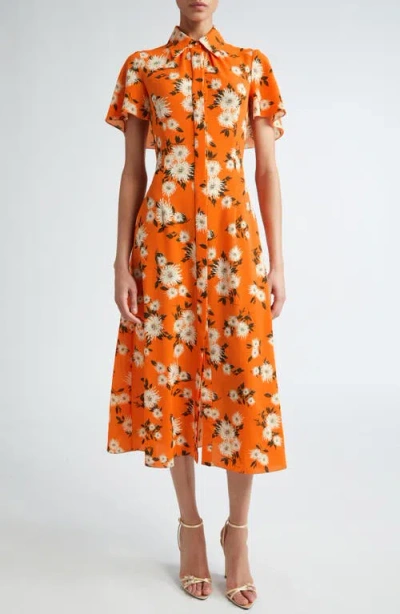 Emilia Wickstead Florencia Dahlia Print Midi Shirtdress In Small Dahlia Orange