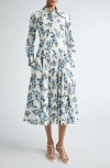 Emilia Wickstead Jancine Dahlia Print Clip Dot Long Sleeve Seersucker Dress In Small Dahlia Baby Blue