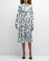 Emilia Wickstead Jancine Dahlia Print Clip Dot Long Sleeve Seersucker Dress In Small Dahlia Baby Blue