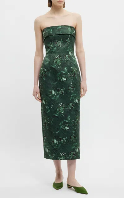 Emilia Wickstead Keeley Floral Taffeta Midi Dress In Green Roses On Marble