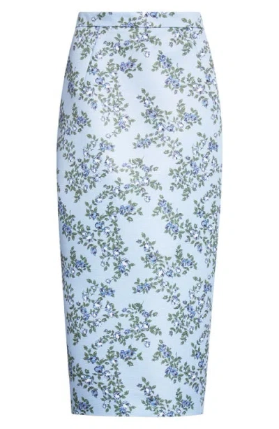 Emilia Wickstead Lorelei Floral Pencil Skirt In Blue Roses On Baby Blue