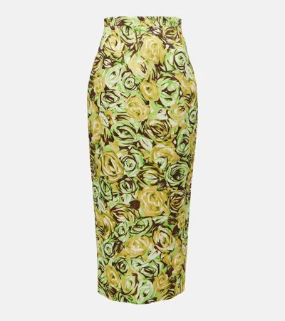 Emilia Wickstead Lorelei Floral Twill Pencil Skirt In Abstract Roses Green & Lemon