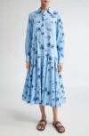 Emilia Wickstead Marione Floral Swiss Dot Long Sleeve Seersucker Shirtdress In Blue