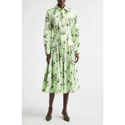 Emilia Wickstead Marione Lilac, Lilies & Cherry Print Long Sleeve Organic Cotton Shirtdress In Green