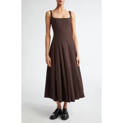 Emilia Wickstead Odulia Pleated Square Neck Wool Dress In Hickory Brown