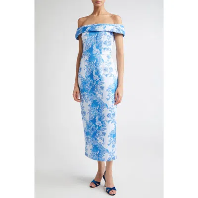 Emilia Wickstead Rochelle Floral Damask Off The Shoulder Dress In Blue