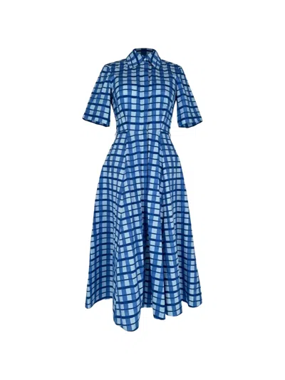 Pre-owned Emilia Wickstead Rubie Checked Midi Shirt Dress In Blue