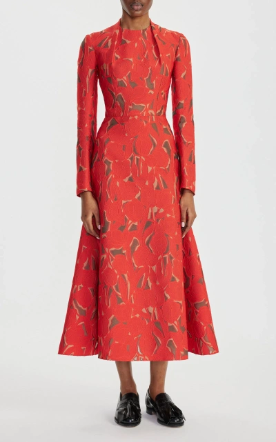 Emilia Wickstead Seneca Pintucked Brocade Midi Dress In Red On Beige