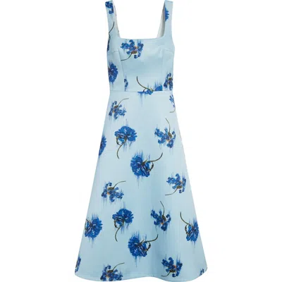 Emilia Wickstead Shiloh Floral Midi Dress In Blue Flowers On Duck Egg