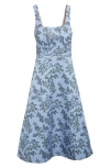 Emilia Wickstead Shiloh Floral Midi Dress In Blue Roses On Baby Blue