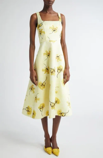 Emilia Wickstead Shiloh Floral Midi Dress In Yellow Flowers On Lemon