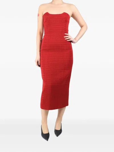 Pre-owned Emilia Wickstead Shirred Strapless Midi Dress In Red