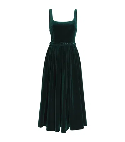 Emilia Wickstead Eagle Belted Pleated Cotton-velvet Midi Dress In Green