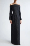 Emilia Wickstead Zarith Off The Shoulder Long Sleeve Bouclé Jacquard Evening Gown In Black