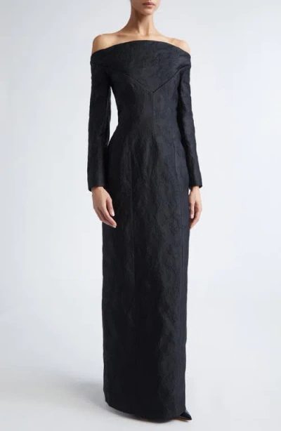 Emilia Wickstead Zarith Off The Shoulder Long Sleeve Bouclé Jacquard Evening Gown In Black