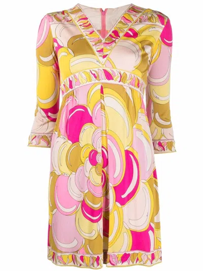 Pre-owned Emilio Pucci 1970s Abstract Print Silk Dress In 粉色