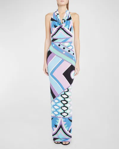 Emilio Pucci Abstract-print Backless Halter Maxi Dress In Celestebianco