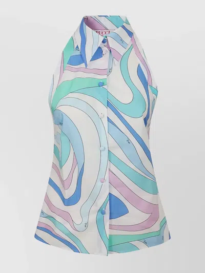 Emilio Pucci Abstract Print Collared Sleeveless Shirt In Blue