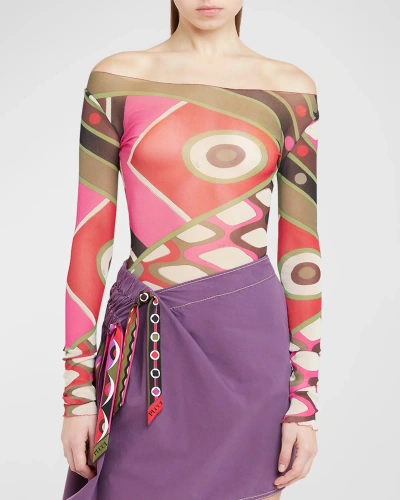 Emilio Pucci Abstract-print Off-the-shoulder Long-sleeve Mesh T-shirt In Khaki/fuxia