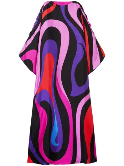 Emilio Pucci Abstract Print Silk Caftan Dress With Boat Neck And Long Sleeves In Black
