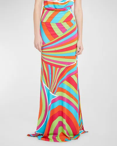 Emilio Pucci Abstract-print Silk Maxi Skirt In Arancio/fuxia