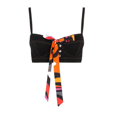Emilio Pucci Pattern Knot Crop Top Tops Black In Negro