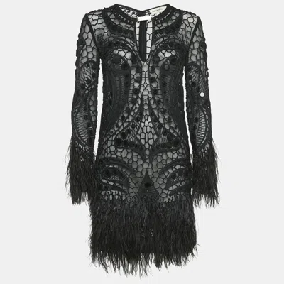 Pre-owned Emilio Pucci Black Embellished Mesh Feather Detail Mini Dress L