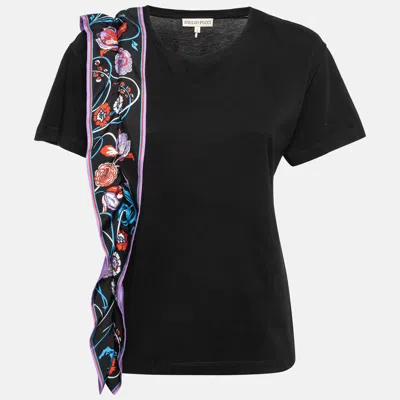 Pre-owned Emilio Pucci Black Floral Print Silk Frill Jersey T-shirt S