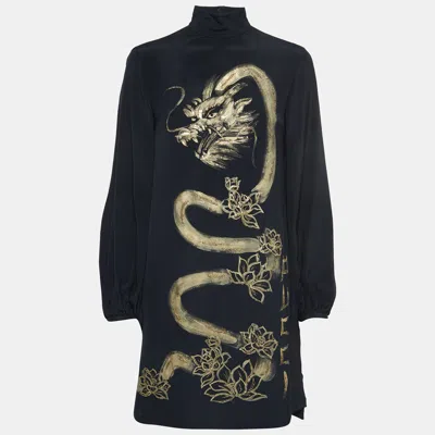 Pre-owned Emilio Pucci Black Hand Painted Dragon Silk Mini Dress M