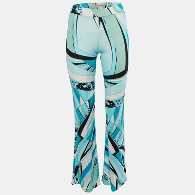 Pre-owned Emilio Pucci Blue Printed Jersey Flared Leg Trousers M