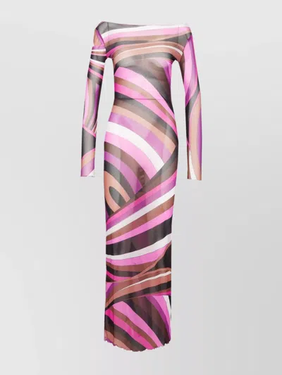 Pucci Boat Neck Long Sleeve Sheer Dress In Multicolour