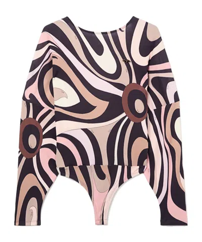 Emilio Pucci Bodysuit With Marmo Print Cape Sleeves In Black And Nude